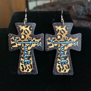 T&M Treasures Leopard PU Leather “Faith” Cross Earrings, NEW
